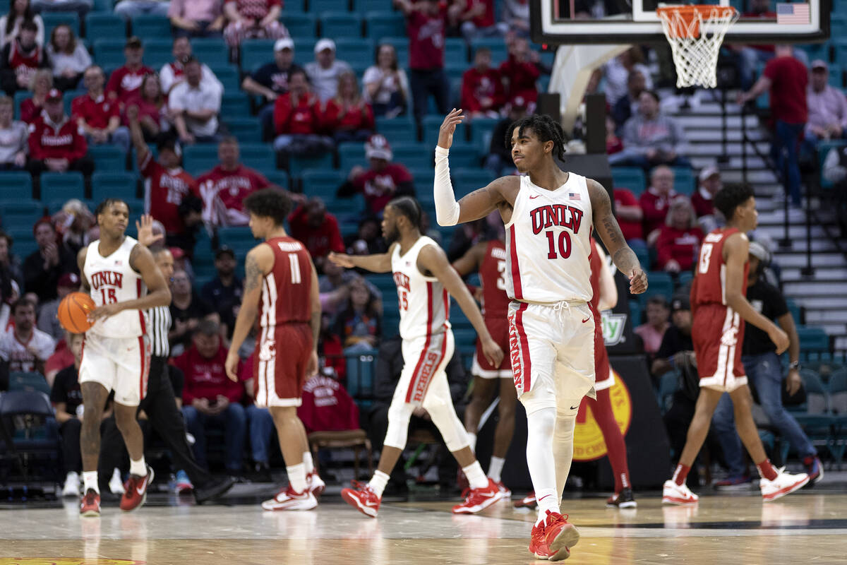 UNLV Rebels guard Keshon Gilbert (10) gestures to the crowd after winning an NCAA college baske ...