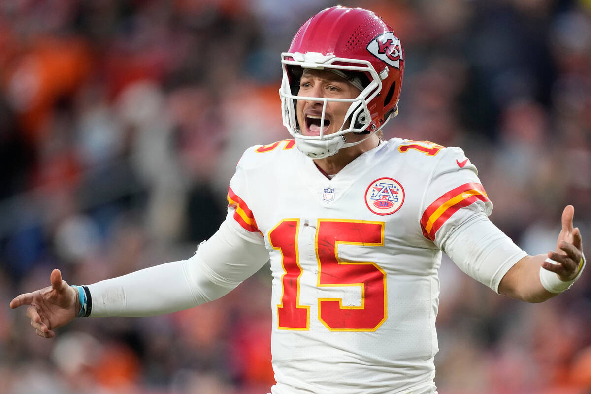 Kansas City Chiefs quarterback Patrick Mahomes yells on the field during the second half of an ...