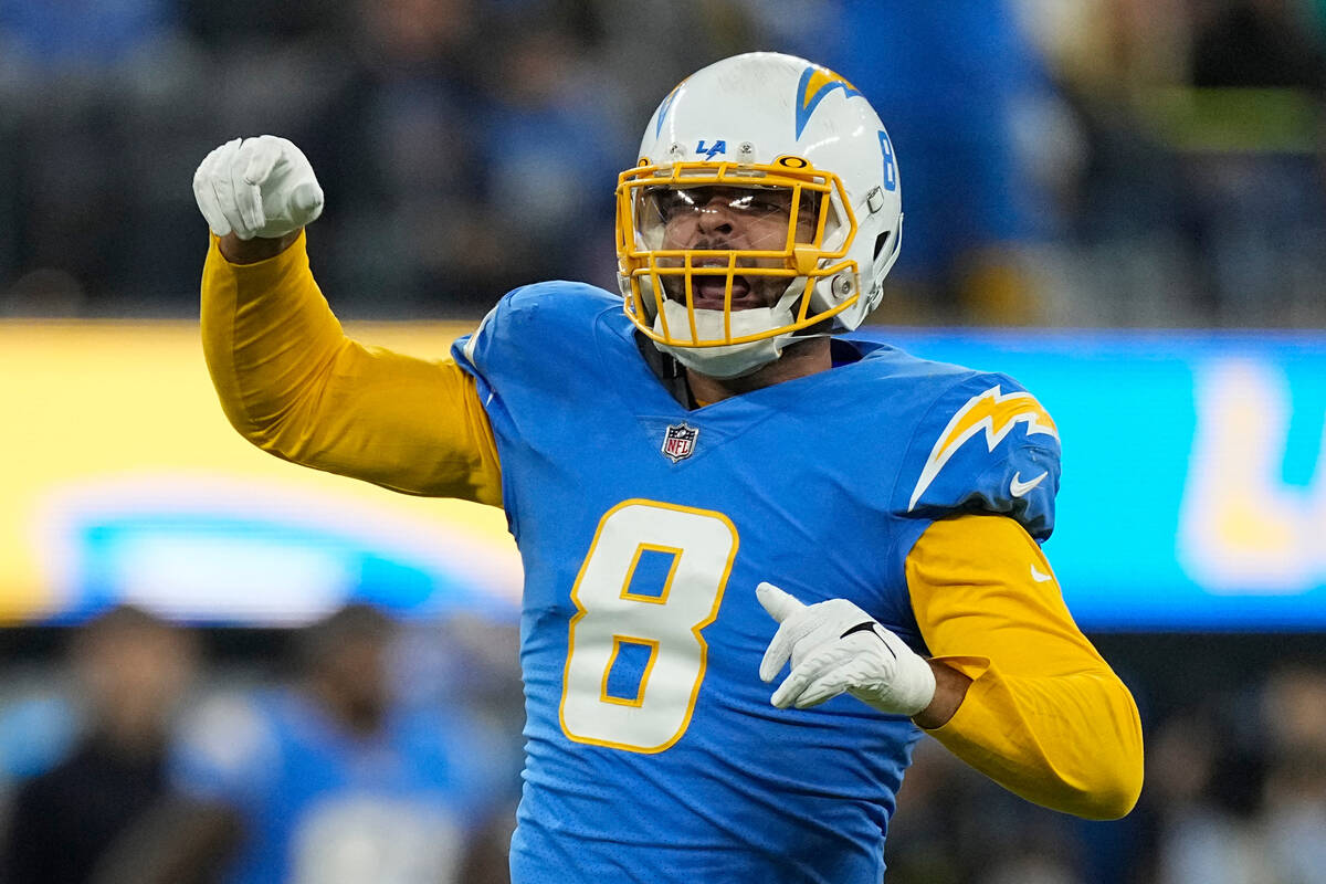 Los Angeles Chargers linebacker Kyle Van Noy (8) reacts after a tackle during the second half o ...