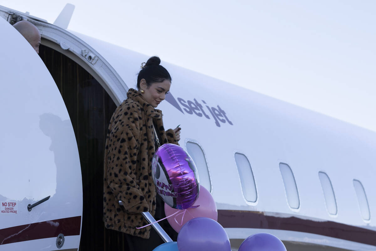 Actress Vanessa Hudgens arrives on a Set Jet flight during a groundbreaking event for the compa ...