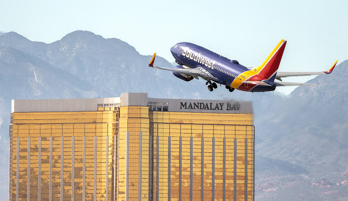 A Southwest plane takes off from McCarran International Airport on Tuesday, March 31, 2020, in ...