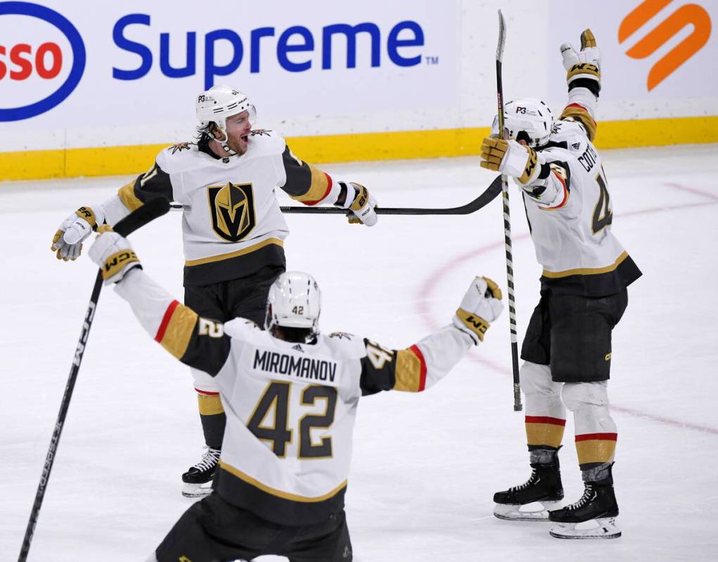 Vegas Golden Knights' Jonathan Marchessault (81) celebrates his goal against the Winnipeg Jets ...