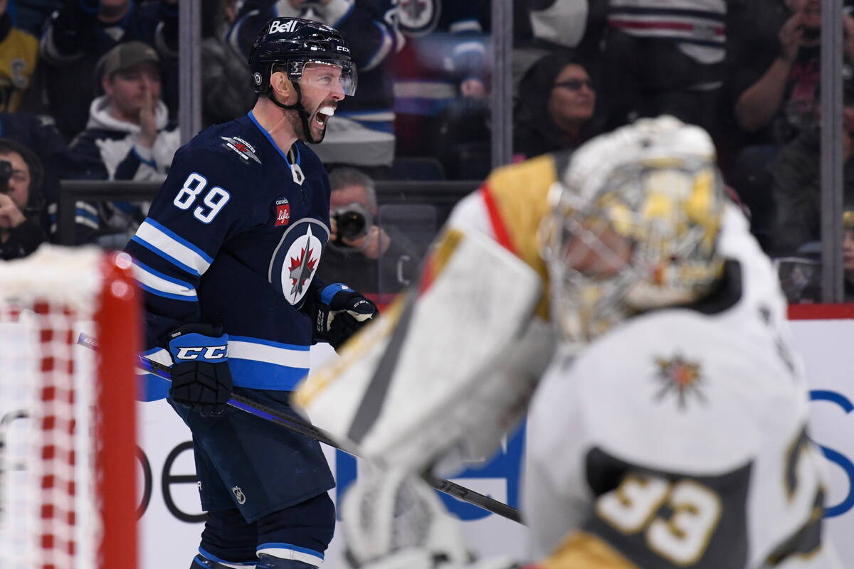 Winnipeg Jets' Sam Gagner (89) celebrates his goal against the Vegas Golden Knights during the ...