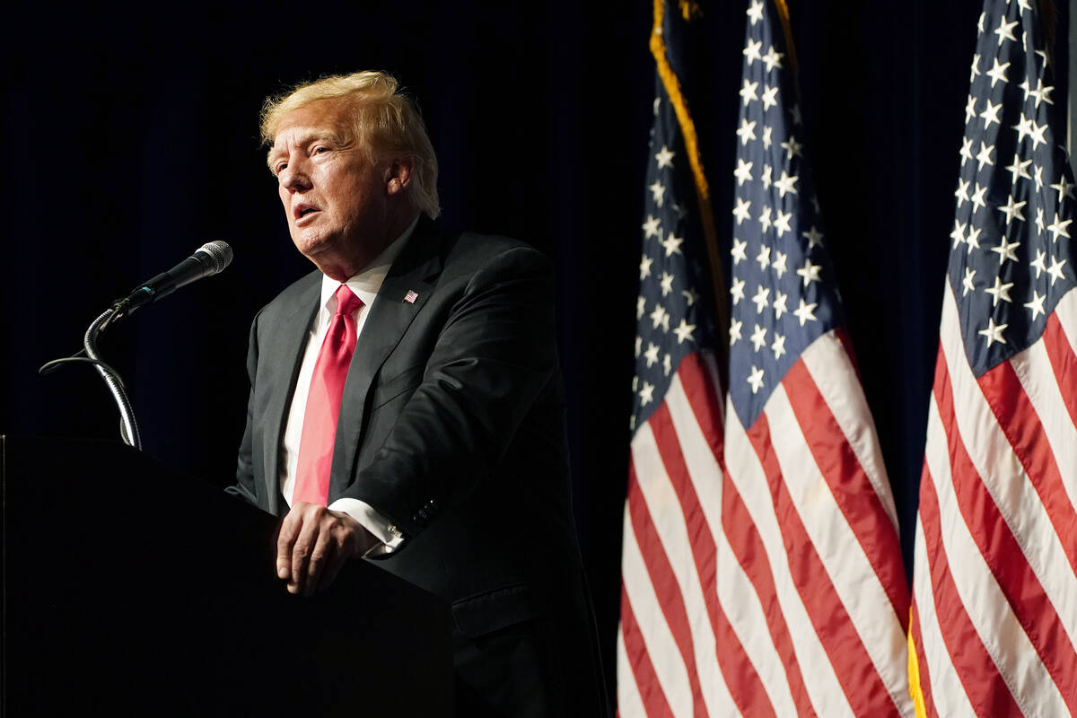 Former President Donald Trump speaks during an event with Joe Lombardo, Clark County sheriff an ...