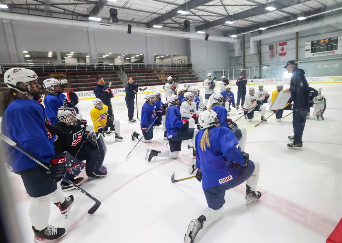 John Wroblewski, head coach of the U.S women's national hockey team, leads practice at Lifeguar ...