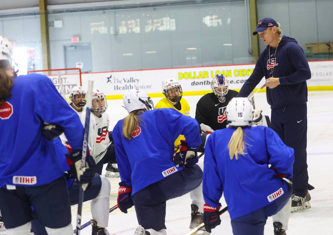 John Wroblewski, head coach of the U.S women's national hockey team, leads practice at Lifeguar ...