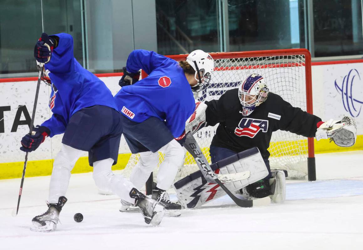 Goaltender Aerin Frankel of the U.S women's national hockey team defends the net during practic ...