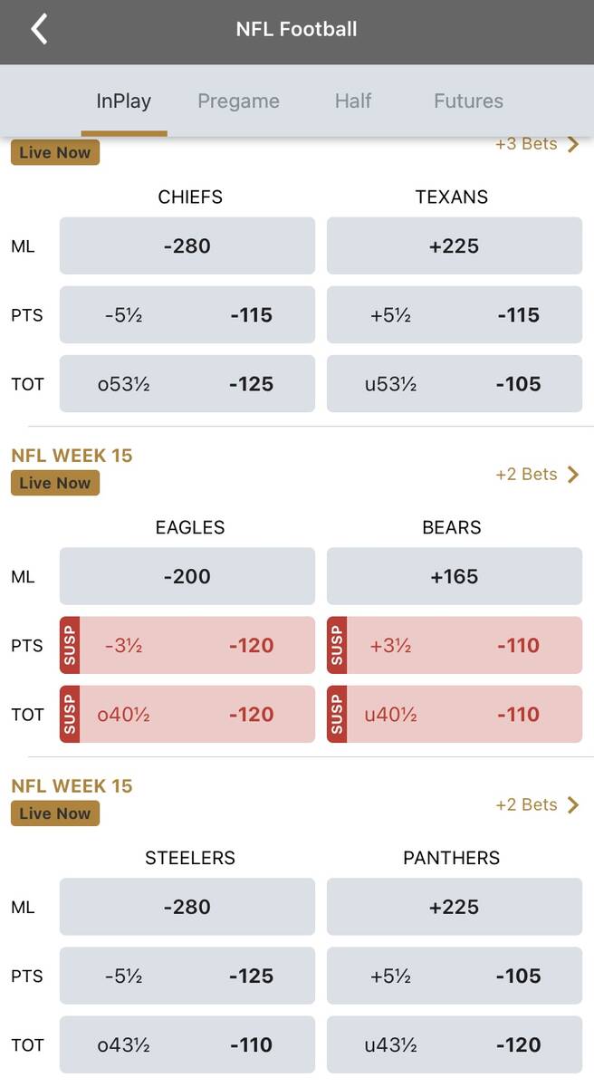 Live NFL betting on the Caesars by William Hill sports betting app. (Jim Barnes/Las Vegas Revie ...