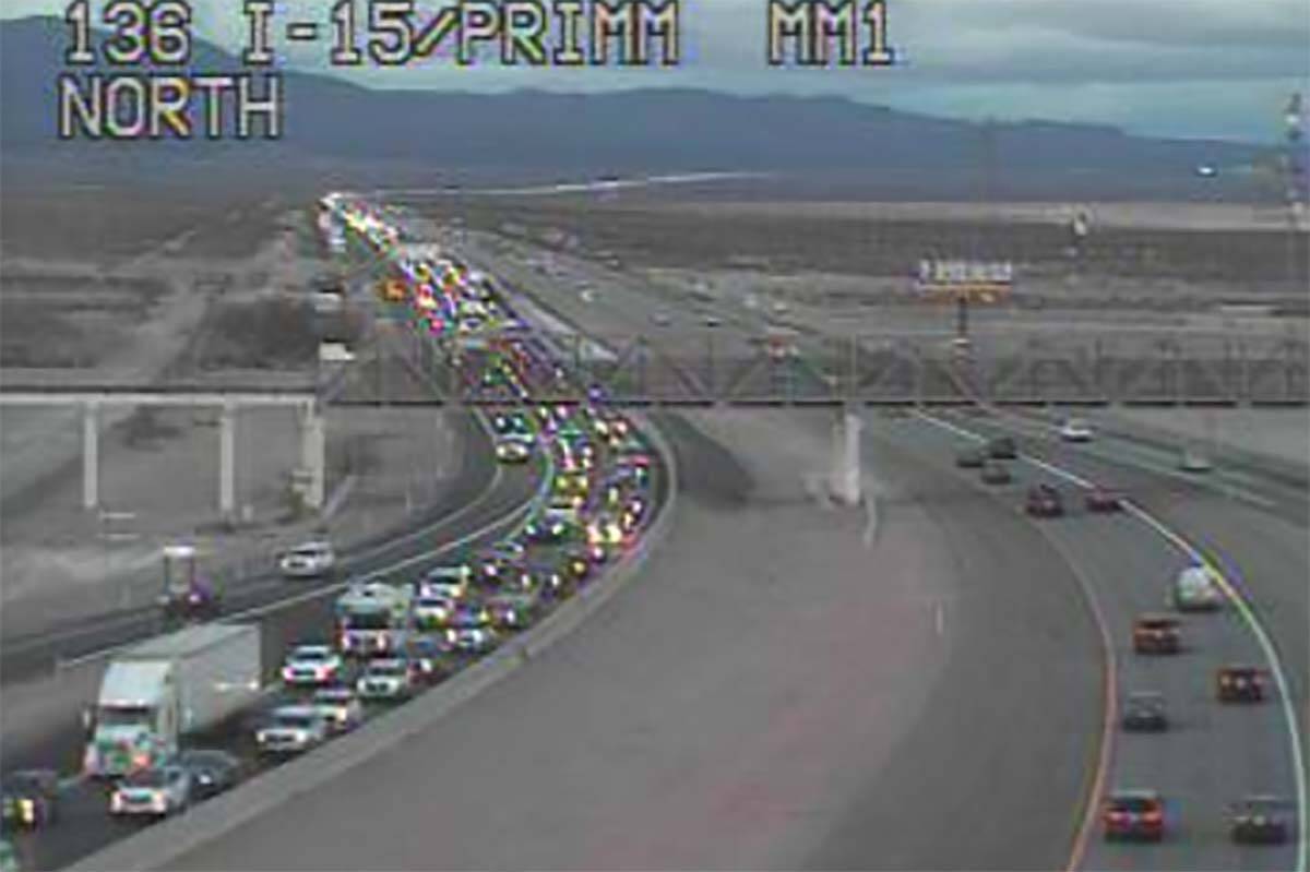 FILE - Traffic is backed up on southbound Interstate 15 near Primm on Thursday afternoon, Dec. ...