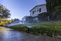 Sprinklers run at a house on the first day of Los Angeles Department of Water and Power drought ...