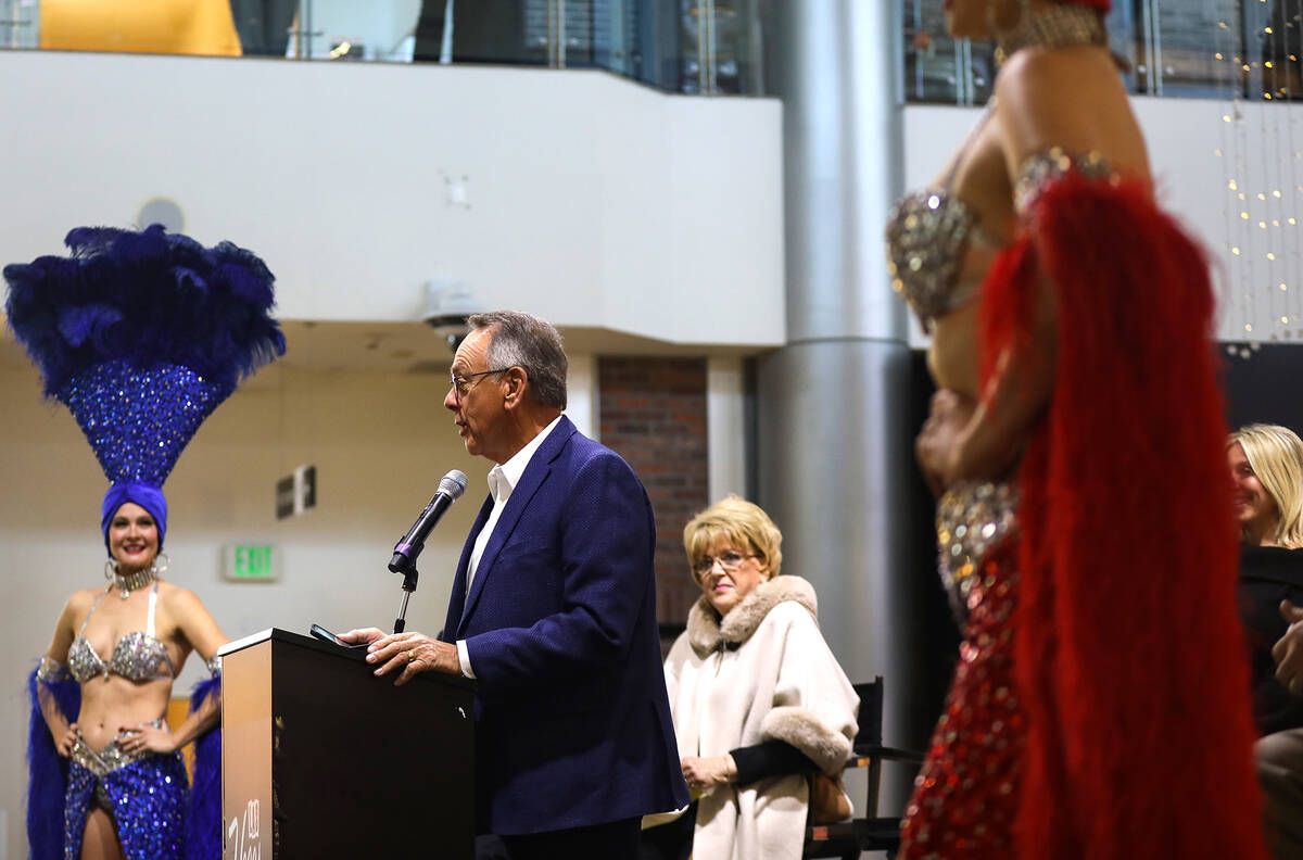 Clark County Commission Chairman Jim Gibson addresses the media and crowd at an event to announ ...