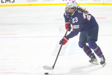 United States' Hannah Bilka skates with the puck during the first period of a rivalry hockey ga ...