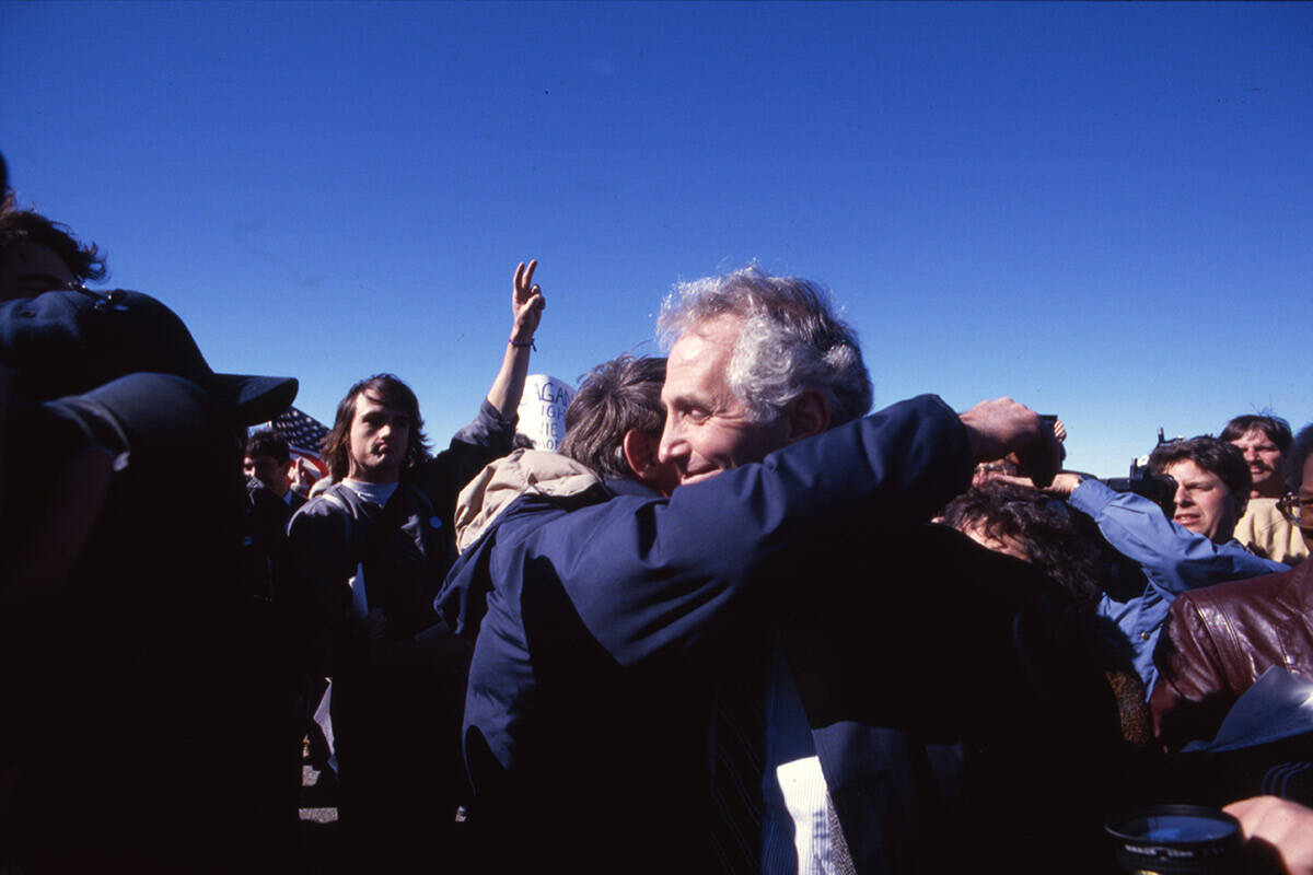 Actor Kris Kristofferson (left, gray beard), actor Martin Sheen (left, dark blue jacket) and ot ...