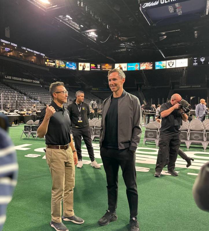 Las Vegas Desert Dogs co-owners Joe Tsai (left) and Steve Nash chat inside Michelob Ultra Arena ...