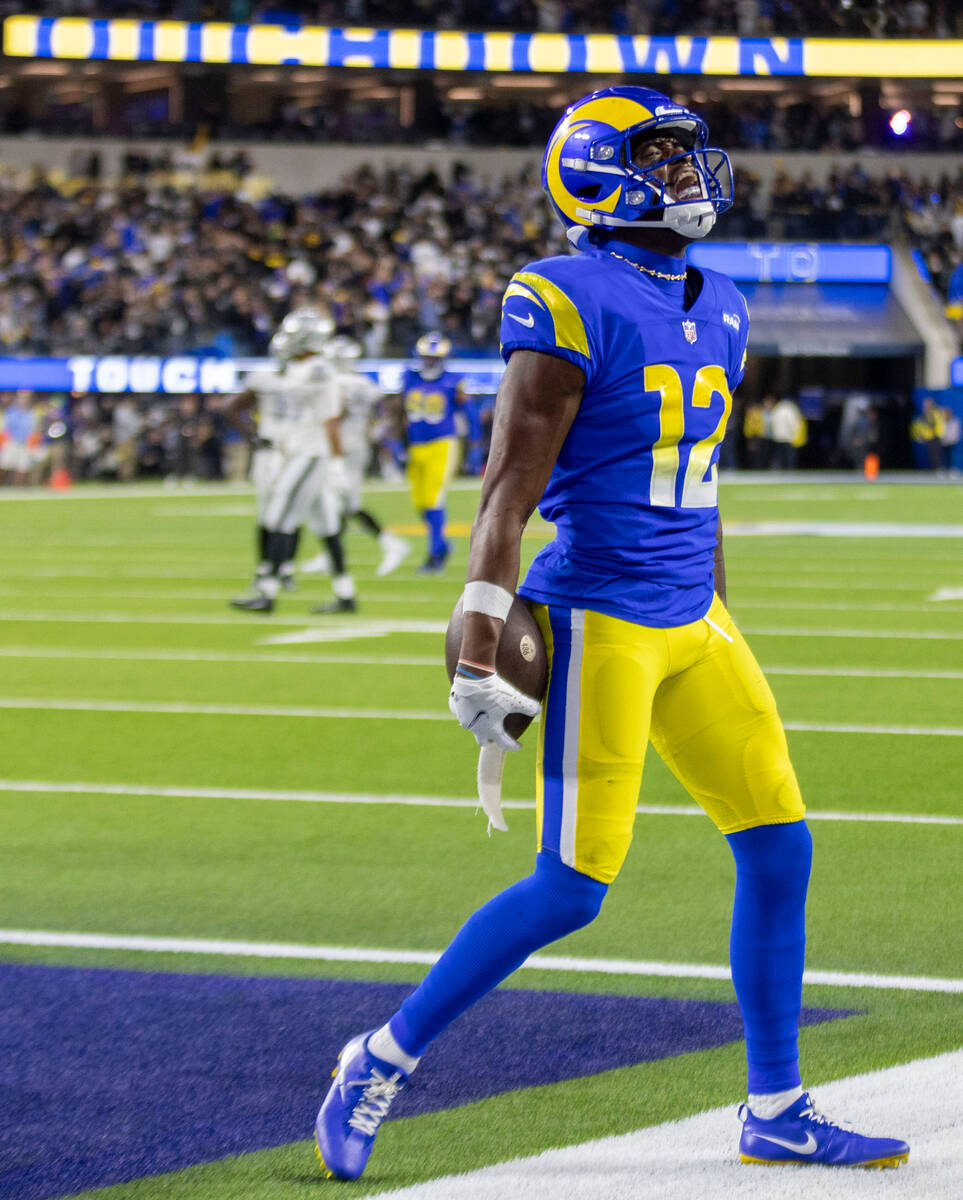 Los Angeles Rams wide receiver Van Jefferson (12) celebrates his game-tying touchdown during th ...