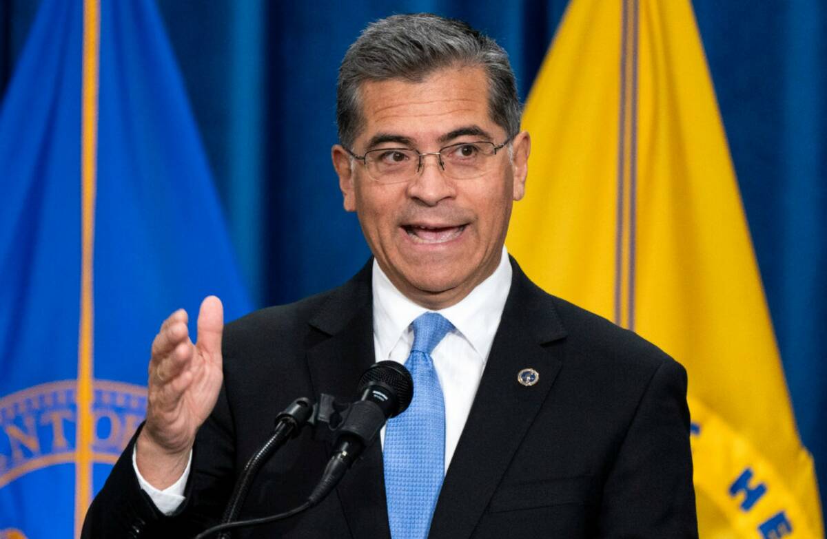 Health and Human Services Secretary Xavier Becerra speaks during a news conference at the HHS H ...