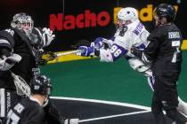 Desert Dogs goalie Landon Kells (42) takes a ball to the chest on a shot by Panther City forwar ...