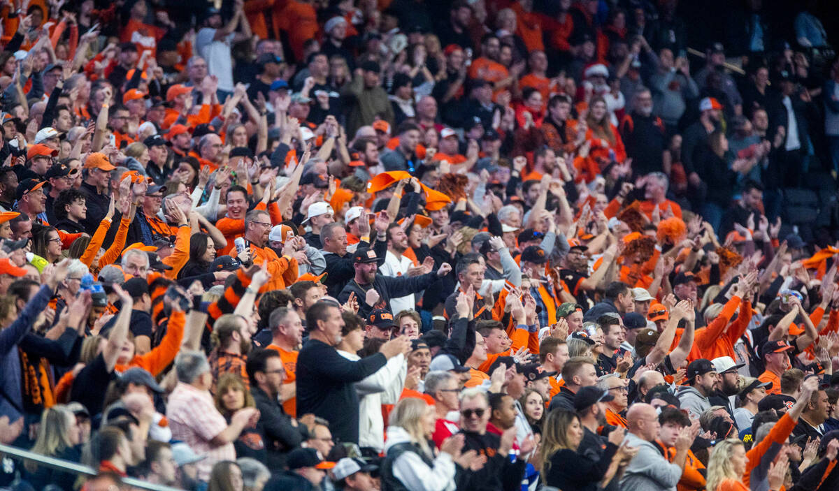 Oregon State Beavers fans cheer on their team versus the Florida Gators in their Las Vegas Bowl ...