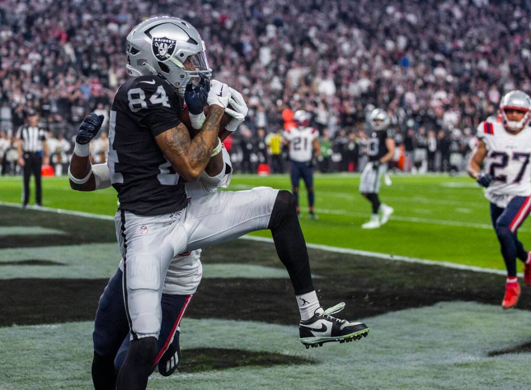 Raiders wide receiver Keelan Cole (84) hauls in a touchdown pass late in the game over New Engl ...