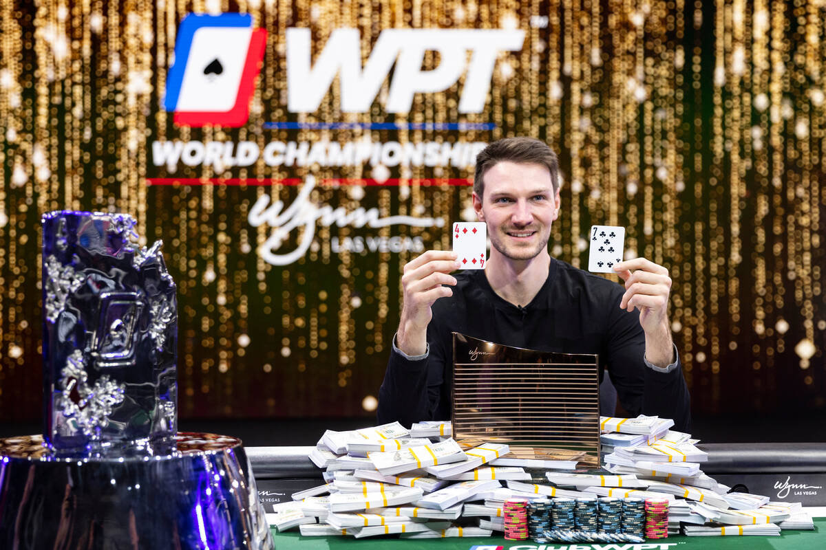 Eliot Hudon poses for a photo after his win in the final table of the World Poker Tour World Ch ...