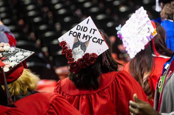 A decorated mortarboard cap is seen during a UNLV commencement ceremony at the Thomas & Mac ...