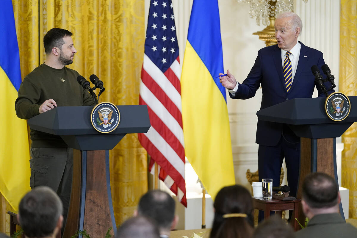 President Joe Biden speaks during a news conference with Ukrainian President Volodymyr Zelensky ...