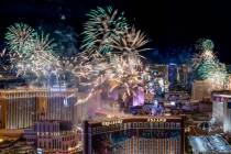 Fireworks explode over the Strip during New Year’s Eve celebrations on Saturday, Jan. 1, 2022 ...