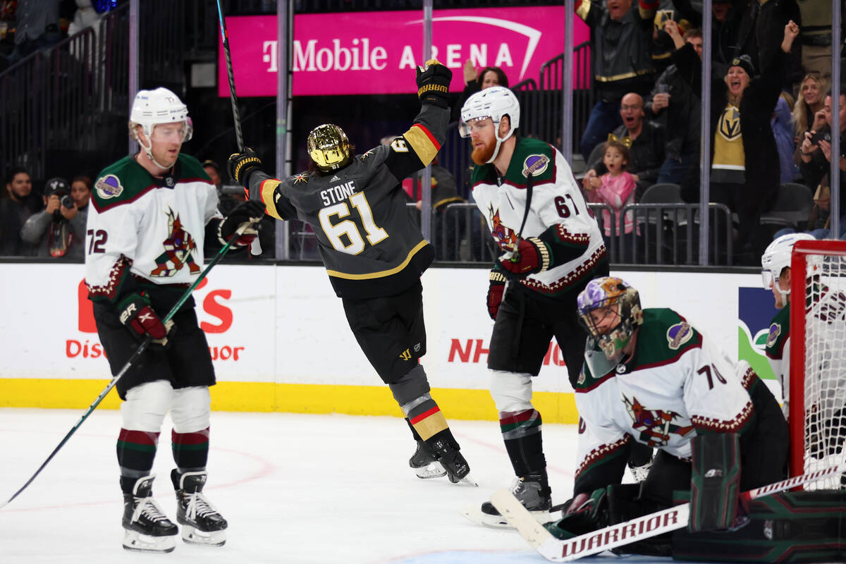 Vegas Golden Knights right wing Mark Stone (61) celebrates a goal during the third period of an ...