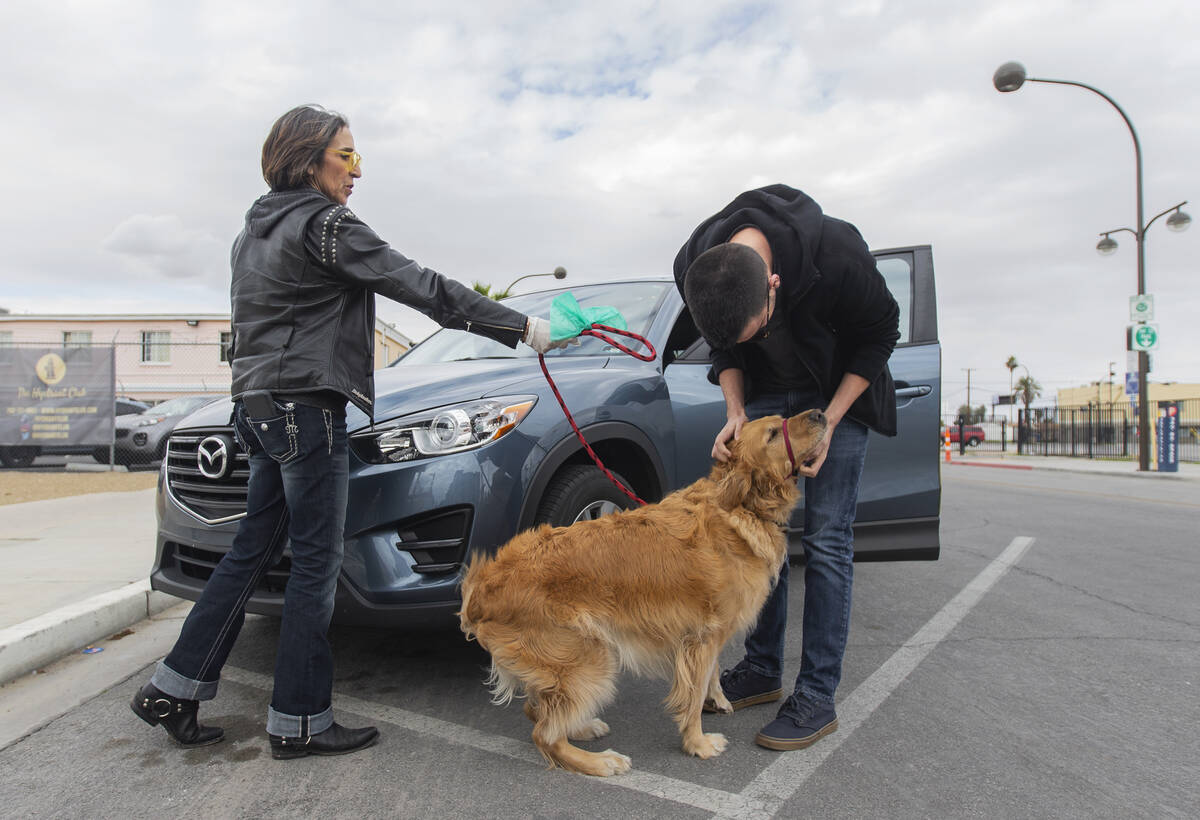 Cathy Brooks, left, owner of the Hydrant Club dog daycare, walks a golden retriever named Mac t ...