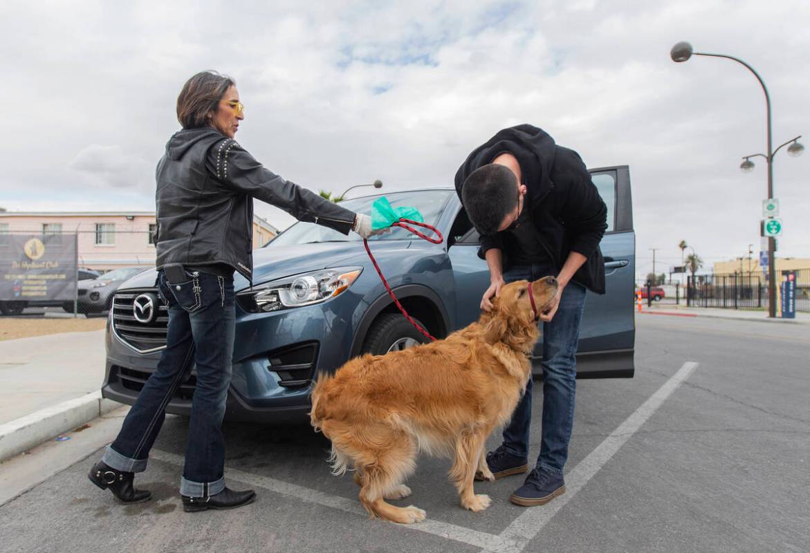 Cathy Brooks, left, owner of the Hydrant Club dog daycare, walks a golden retriever named Mac t ...