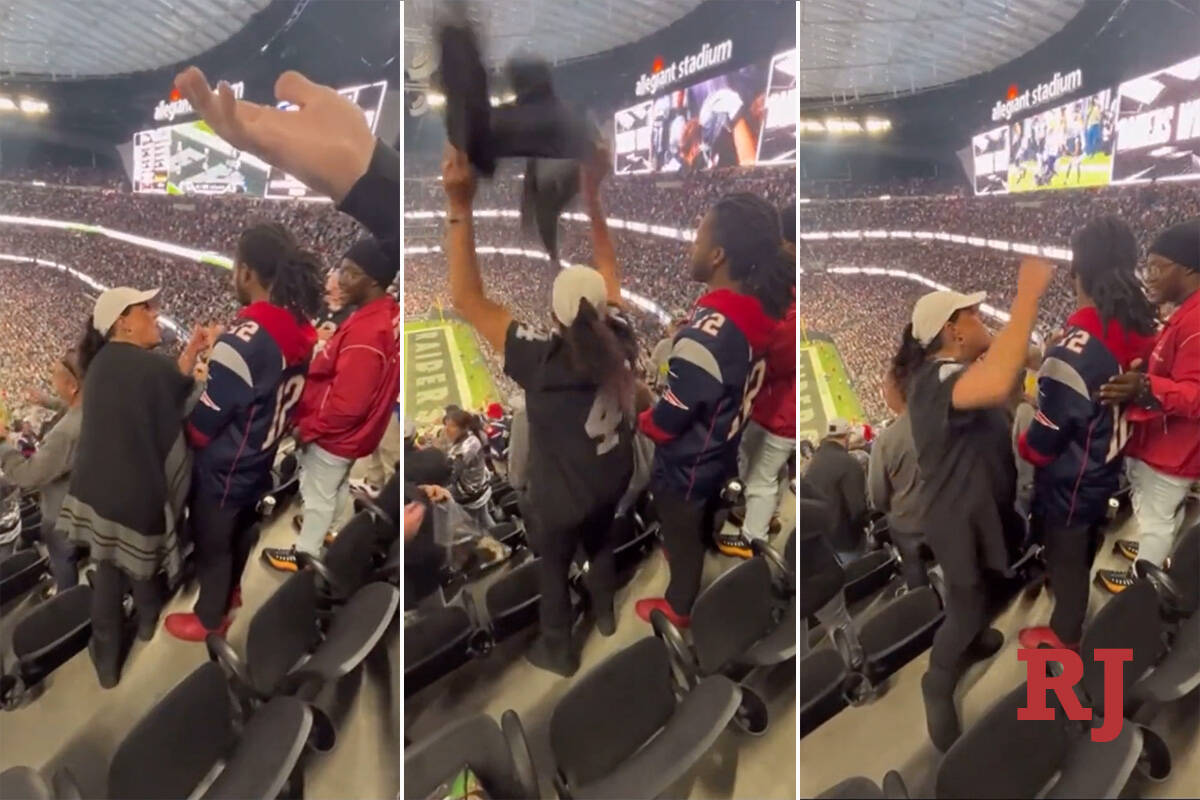 Screenshots from a video show a woman in a Raiders jersey relentlessly taunting a Patriots fan ...