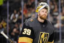 Golden Knights goaltender Laurent Brossoit (39) skates around goal in the second period during ...