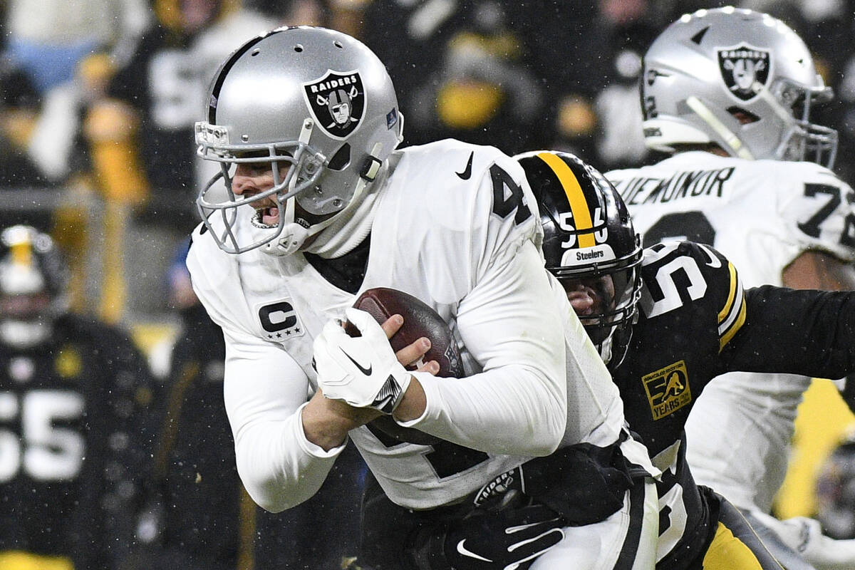 Pittsburgh Steelers linebacker Alex Highsmith (56) sacks Las Vegas Raiders quarterback Derek Ca ...