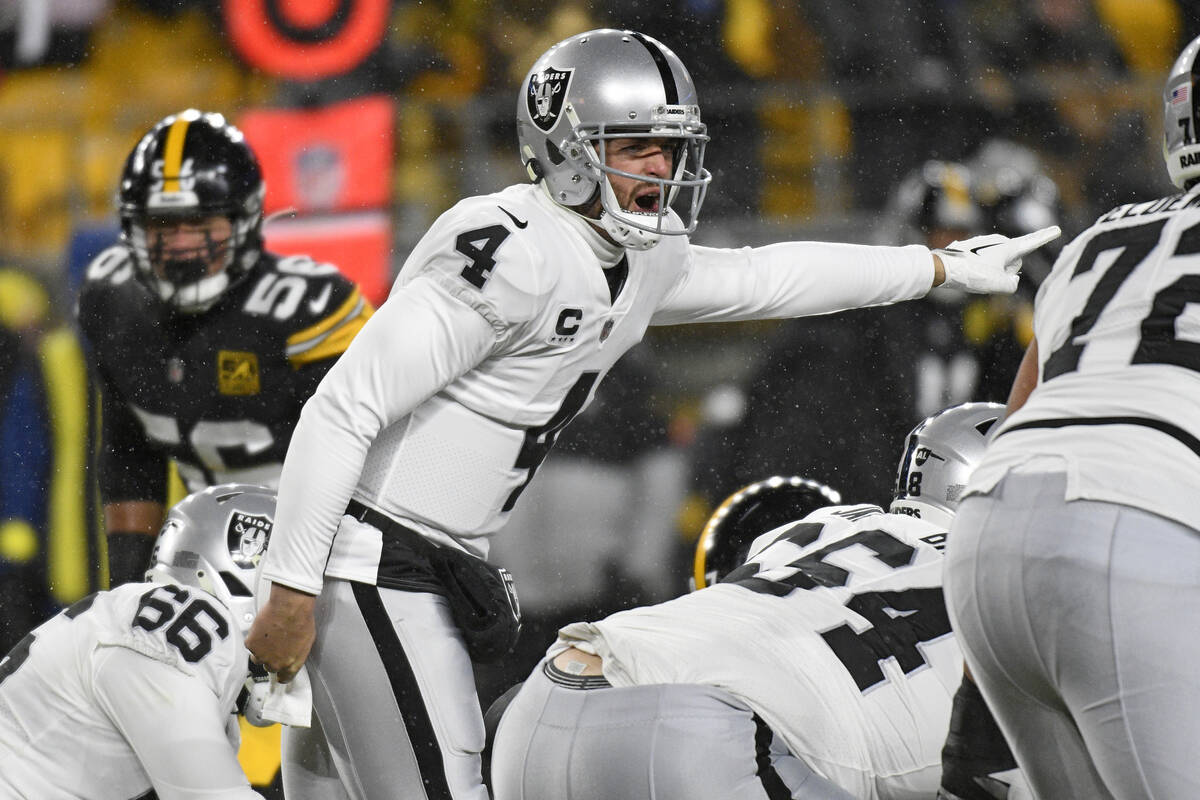 Las Vegas Raiders quarterback Derek Carr (4) calls signals during the first half of an NFL foot ...