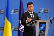 Ukraine's President Volodymyr Zelenskyy speaks as he participates in a media conference with NA ...