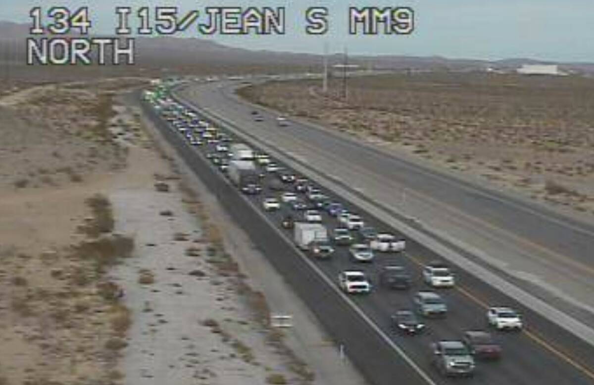 Traffic is backed up on southbound Interstate 15 outside of Las Vegas on Monday, Dec, 26, 2022. ...