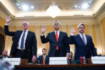 Rusty Bowers, Arizona state House Speaker, from left, Brad Raffensperger, Georgia Secretary of ...