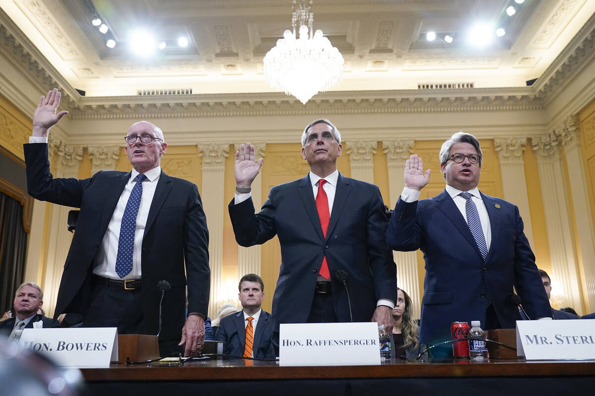 Rusty Bowers, Arizona state House Speaker, from left, Brad Raffensperger, Georgia Secretary of ...