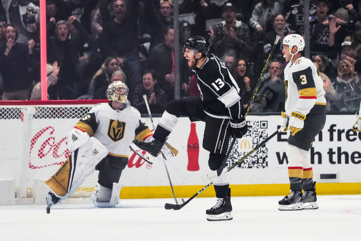 Los Angeles Kings' Gabriel Vilardi (13) celebrates his goal against Vegas Golden Knights goalte ...