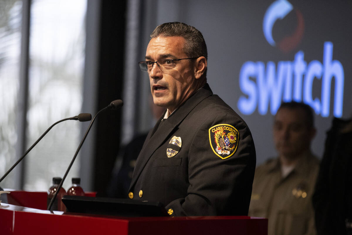 Clark County Deputy Fire Chief Warren Whitney speaks during a press conference to discuss the p ...