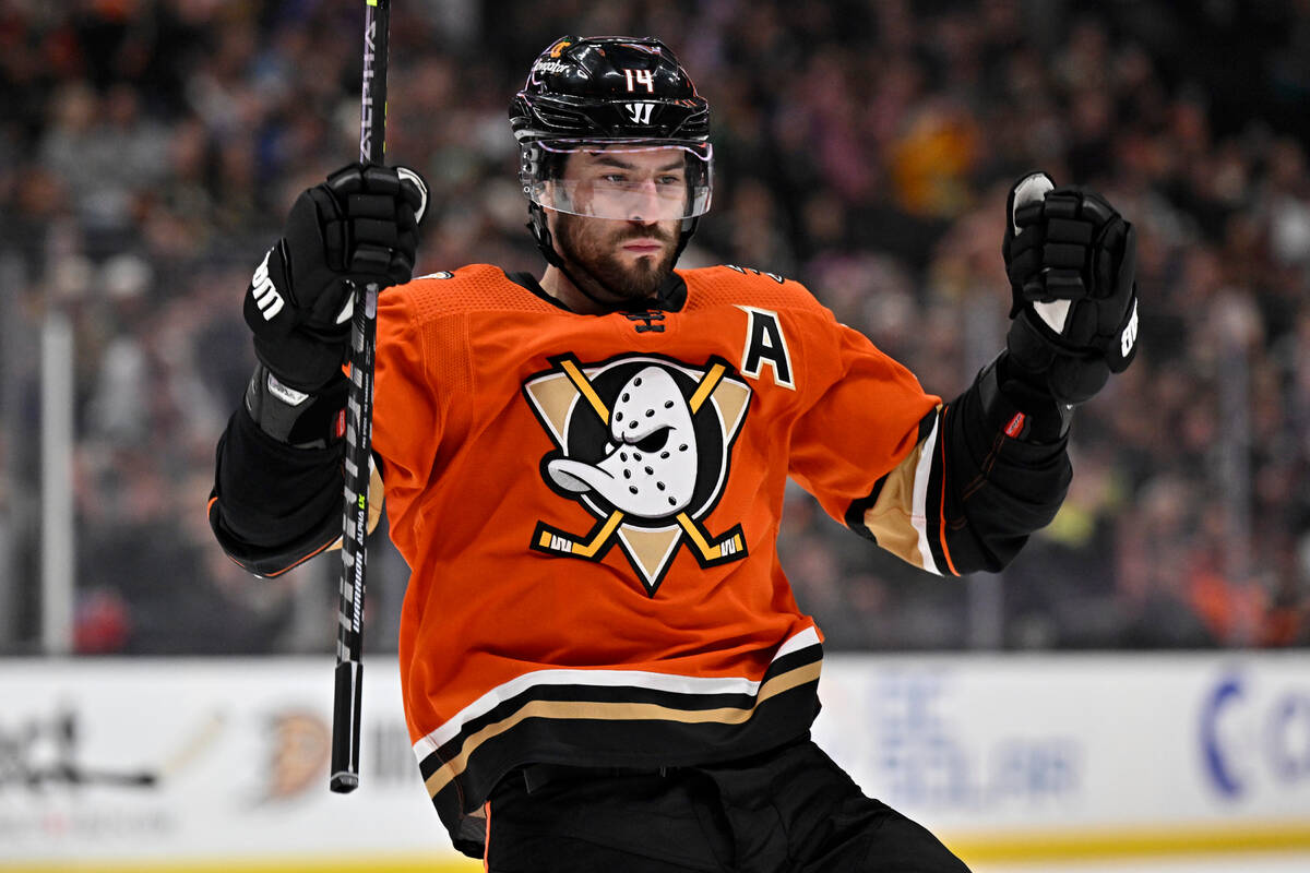 Anaheim Ducks center Adam Henrique reacts after scoring his second goal against the Vegas Golde ...