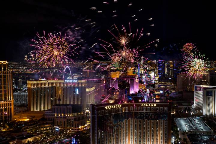 Fireworks explode over the Las Vegas Strip during New Year’s Eve celebrations on Saturday, Ja ...