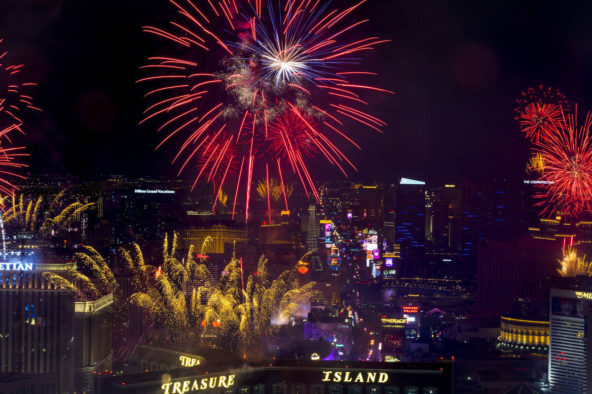 New Year’s fireworks erupt above the Strip viewed from atop the Trump Tower on Sunday, Jan. 1 ...