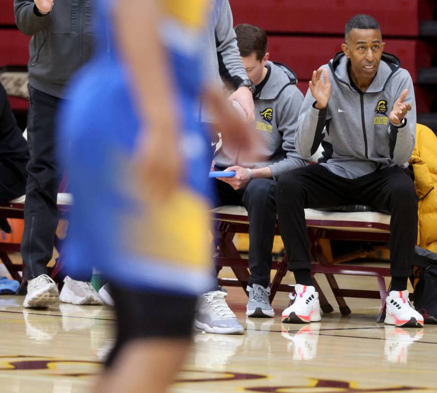 Democracy Prep assistant coach Mark Coleman, right, during a game against Anchorage Christian S ...