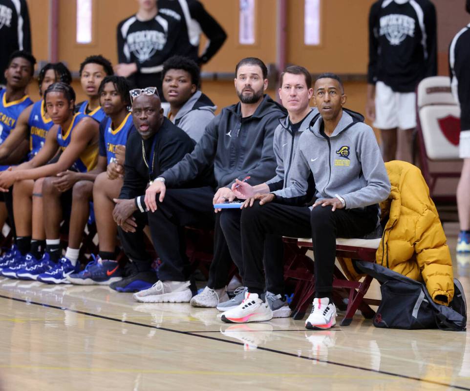 Democracy Prep assistant coach Mark Coleman, right, during a game against Anchorage Christian S ...