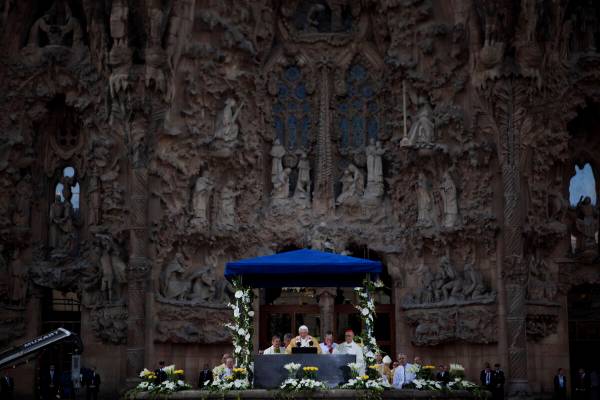 Pope Benedict XVI leads a Mass outside the Sagrada Familia church in Barcelona, Spain, designed ...
