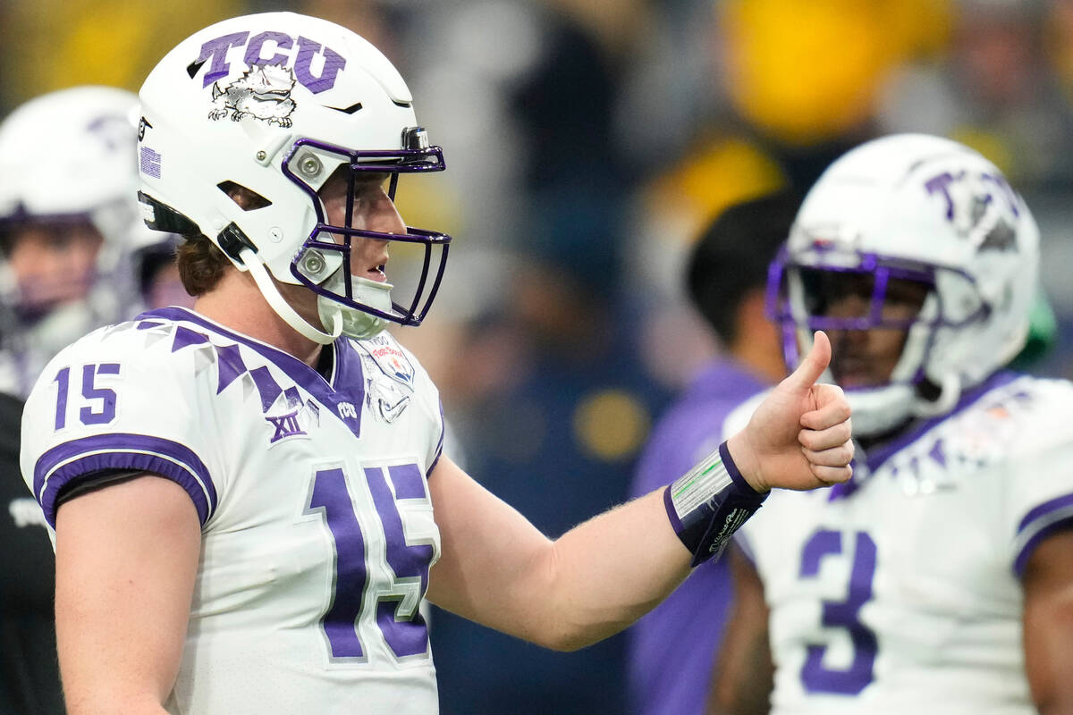 TCU quarterback Max Duggan (15) gives the thumbs up prior to the Fiesta Bowl NCAA college footb ...