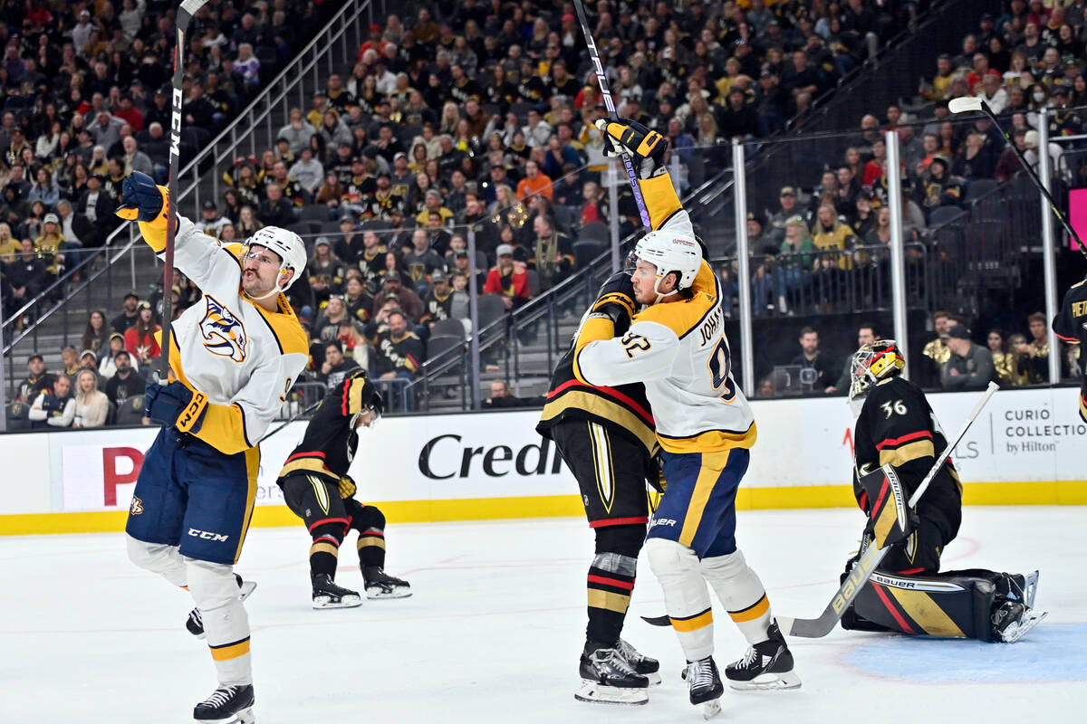 Nashville Predators left wing Filip Forsberg (9) and center Ryan Johansen (92) react after a go ...