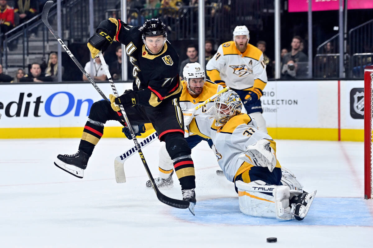 Vegas Golden Knights center William Karlsson (71) shoots against Nashville Predators goaltender ...