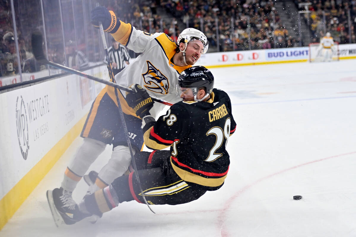 Nashville Predators center Matt Duchene (95) and Vegas Golden Knights left wing William Carrier ...